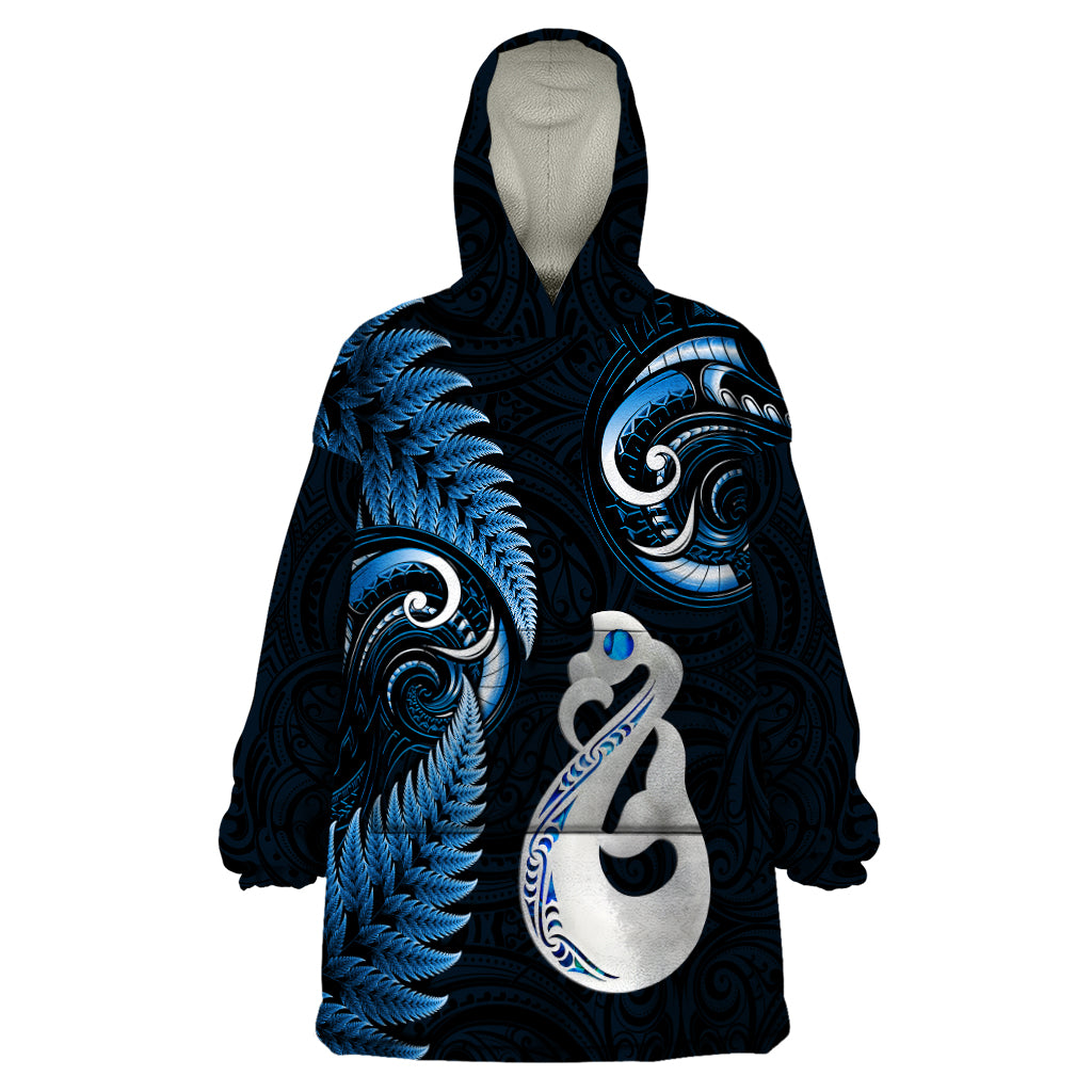 Personalised New Zealand Wearable Blanket Hoodie Aotearoa Silver Fern With Manaia Maori Unique Blue - Vibe Hoodie Shop