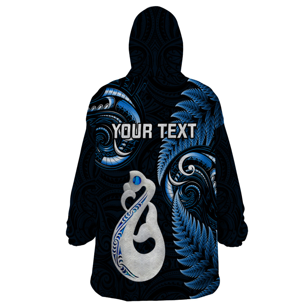 Personalised New Zealand Wearable Blanket Hoodie Aotearoa Silver Fern With Manaia Maori Unique Blue - Vibe Hoodie Shop