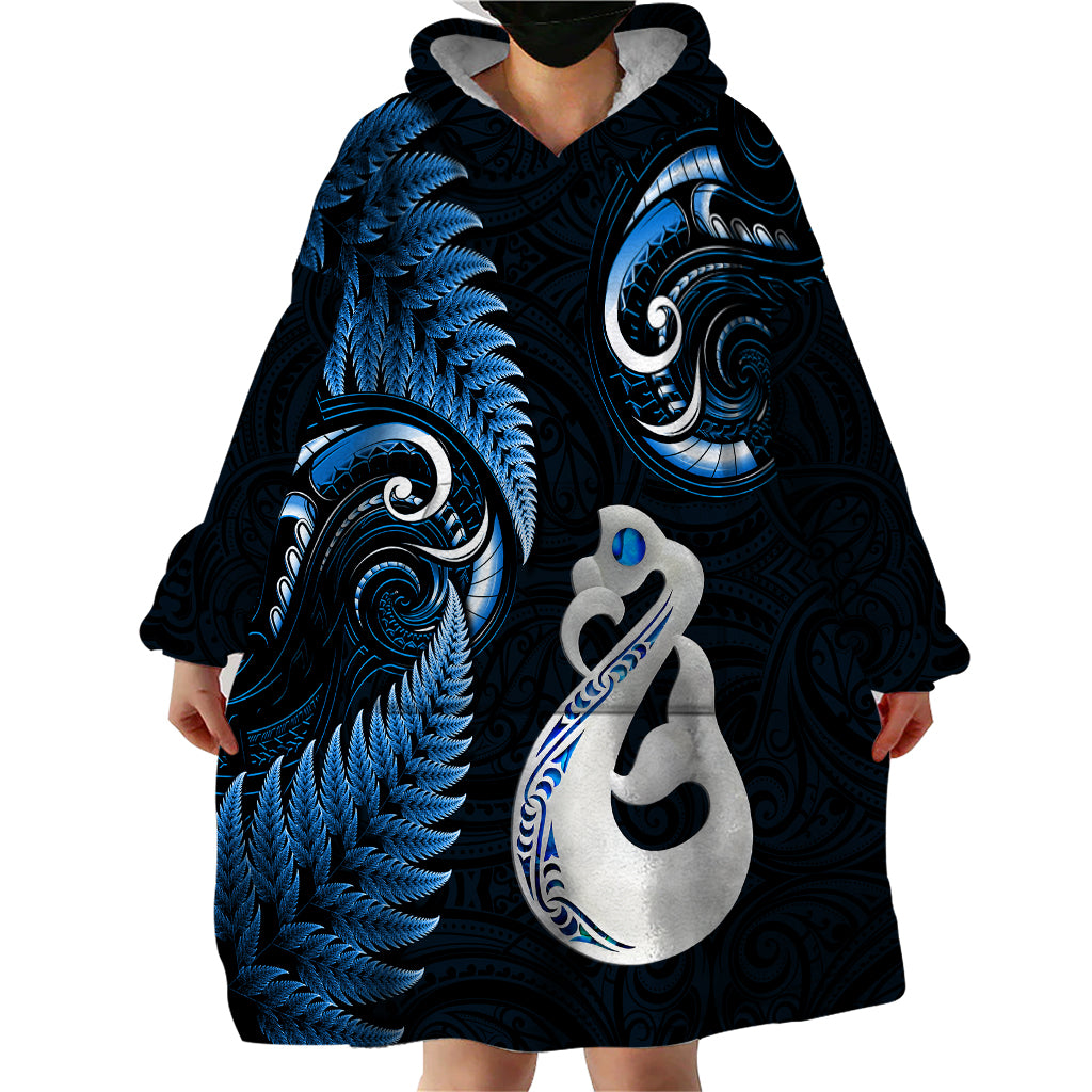 Personalised New Zealand Wearable Blanket Hoodie Aotearoa Silver Fern With Manaia Maori Unique Blue - Vibe Hoodie Shop