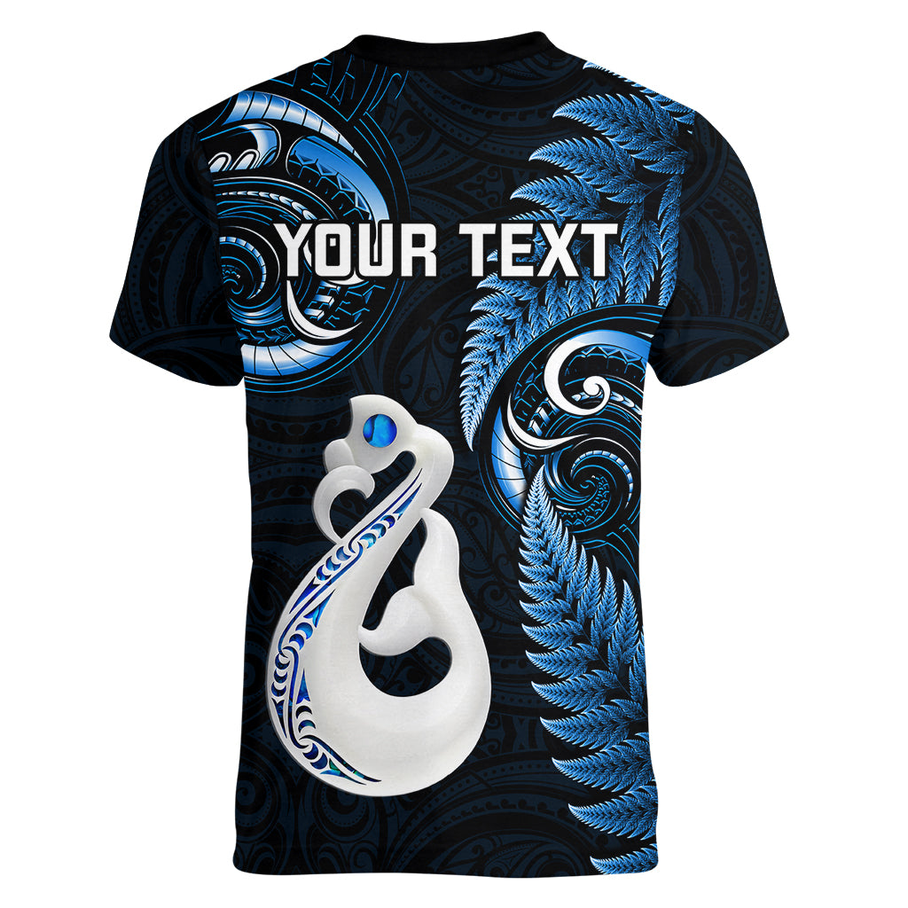 Personalised New Zealand Women V Neck T Shirt Aotearoa Silver Fern With Manaia Maori Unique Blue - Vibe Hoodie Shop