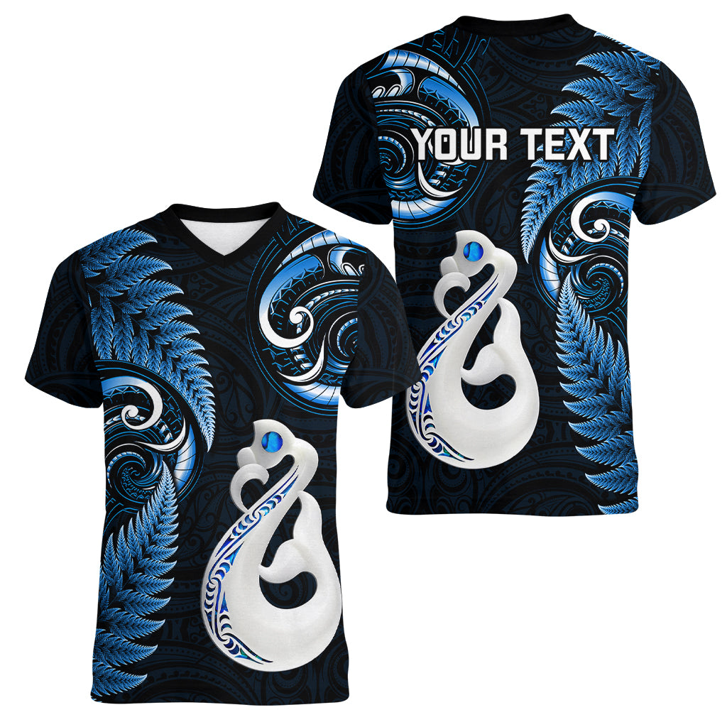 Personalised New Zealand Women V Neck T Shirt Aotearoa Silver Fern With Manaia Maori Unique Blue - Vibe Hoodie Shop