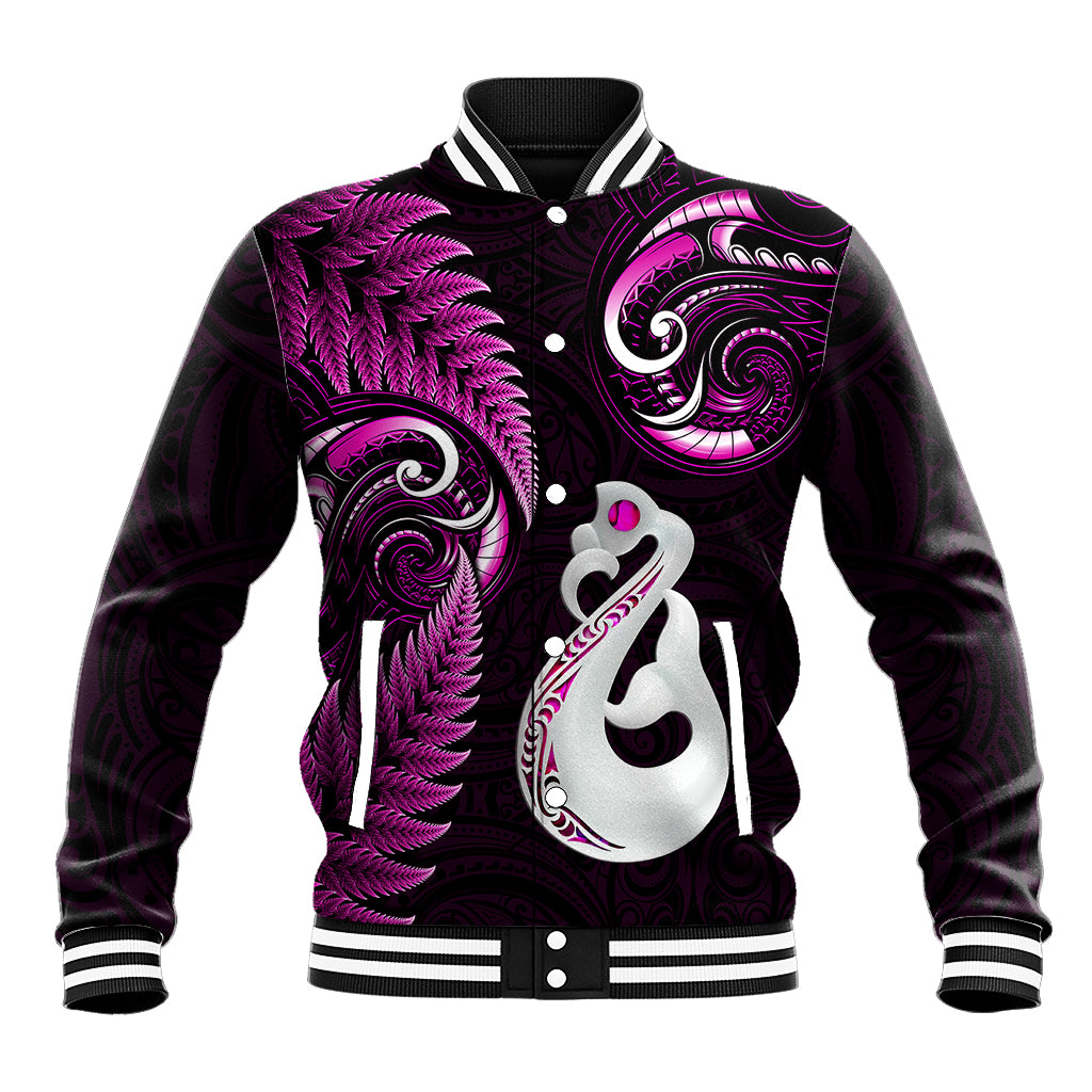 Personalised New Zealand Baseball Jacket Aotearoa Silver Fern With Manaia Maori Unique Pink - Vibe Hoodie Shop