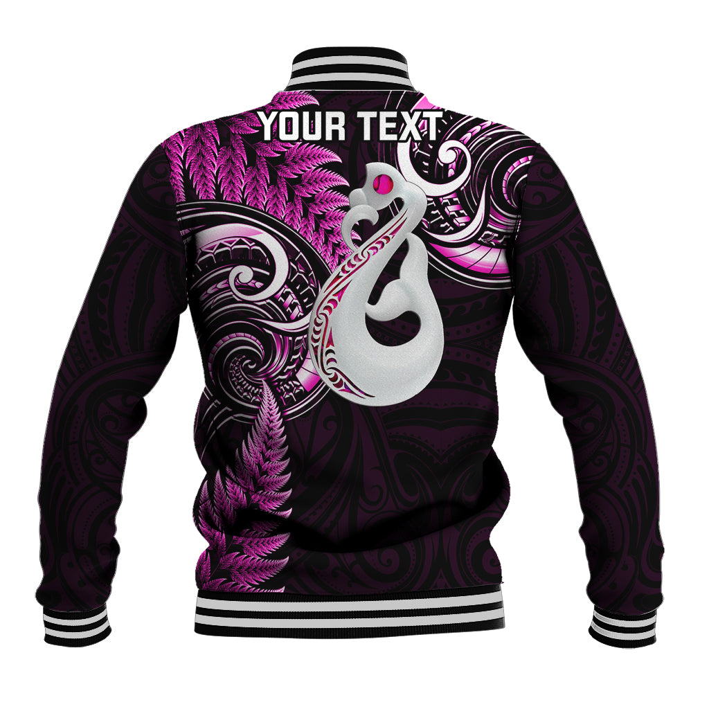 Personalised New Zealand Baseball Jacket Aotearoa Silver Fern With Manaia Maori Unique Pink - Vibe Hoodie Shop