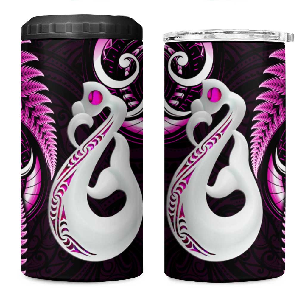 New Zealand 4 in 1 Can Cooler Tumbler Aotearoa Silver Fern With Manaia Maori Unique Pink