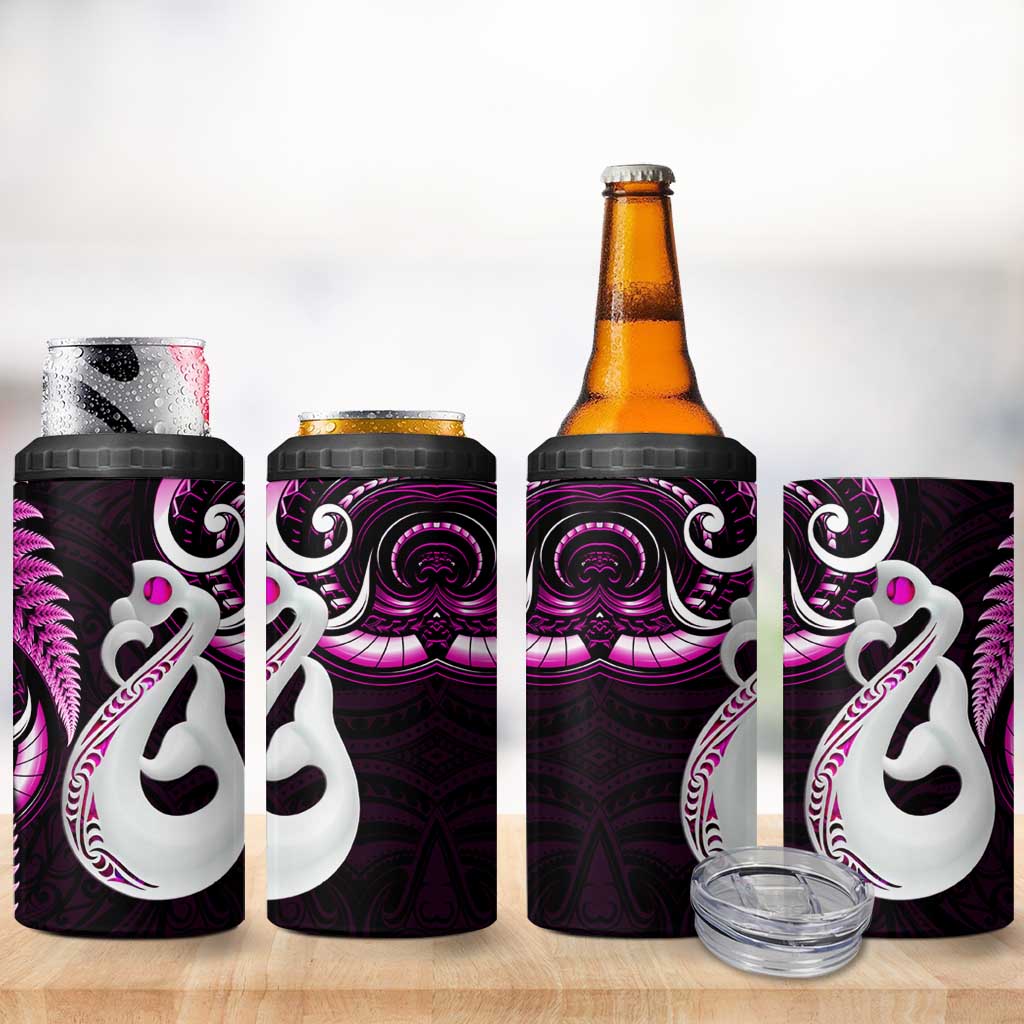 New Zealand 4 in 1 Can Cooler Tumbler Aotearoa Silver Fern With Manaia Maori Unique Pink