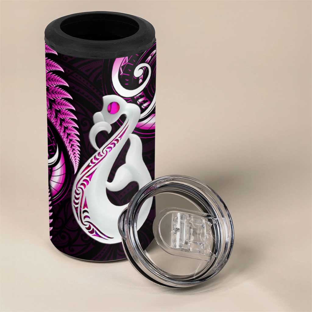 New Zealand 4 in 1 Can Cooler Tumbler Aotearoa Silver Fern With Manaia Maori Unique Pink