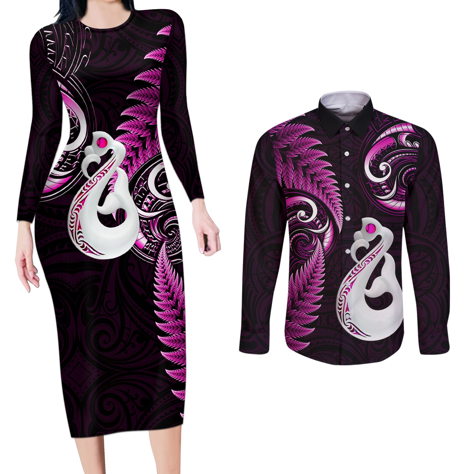 personalised-new-zealand-couples-long-sleeve-bodycon-dress-and-long-sleeve-button-shirts-aotearoa-silver-fern-with-manaia-maori-unique-pink