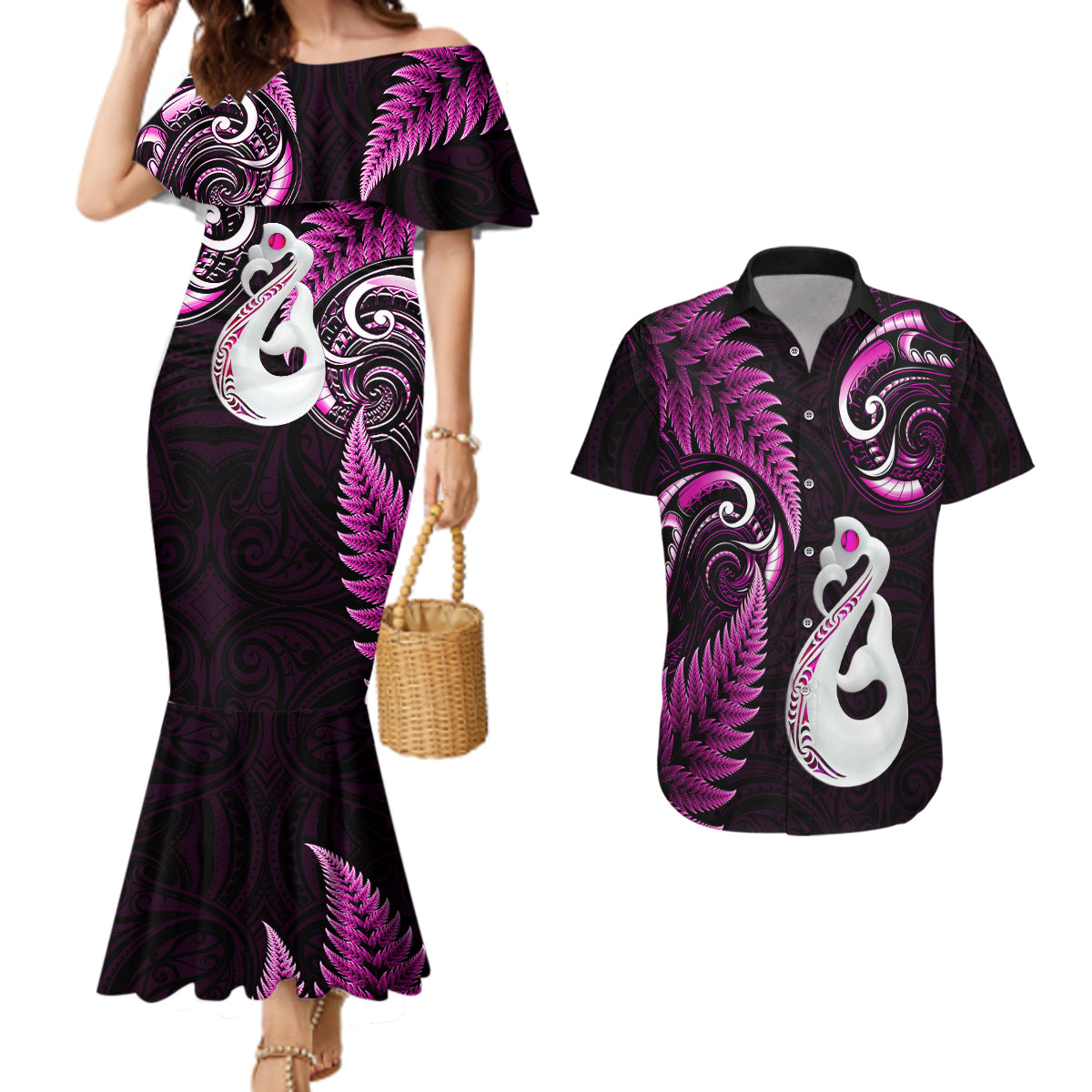 personalised-new-zealand-couples-mermaid-dress-and-hawaiian-shirt-aotearoa-silver-fern-with-manaia-maori-unique-pink