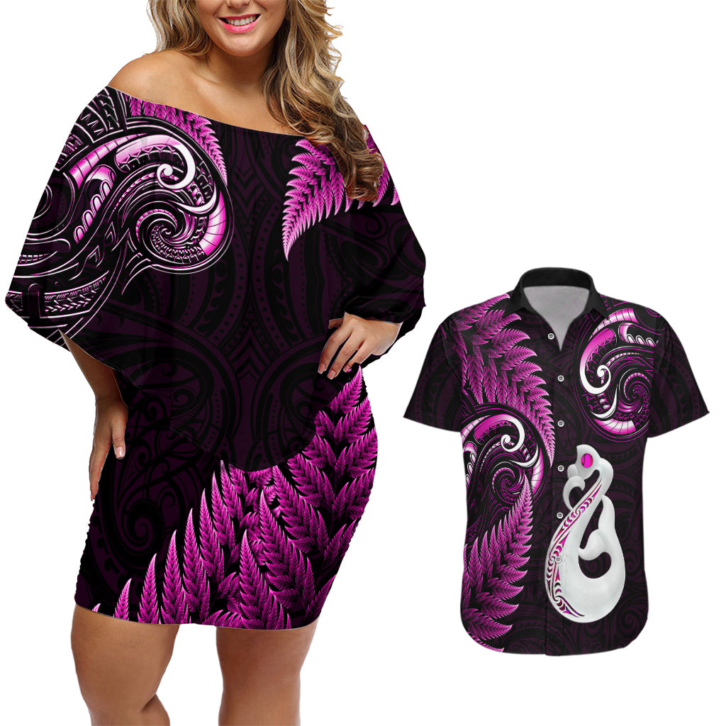 personalised-new-zealand-couples-off-shoulder-short-dress-and-hawaiian-shirt-aotearoa-silver-fern-with-manaia-maori-unique-pink