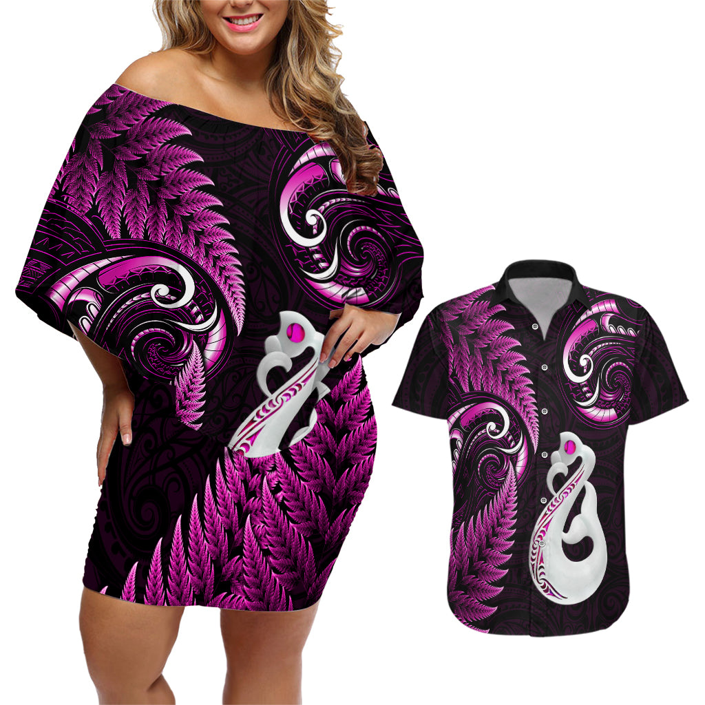 Personalised New Zealand Couples Off The Shoulder Long Sleeve Dress and Hawaiian Shirt Aotearoa Silver Fern With Manaia Maori Unique Pink LT14