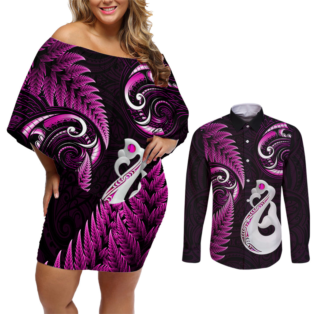 Personalised New Zealand Couples Off Shoulder Short Dress and Long Sleeve Button Shirts Aotearoa Silver Fern With Manaia Maori Unique Pink LT14