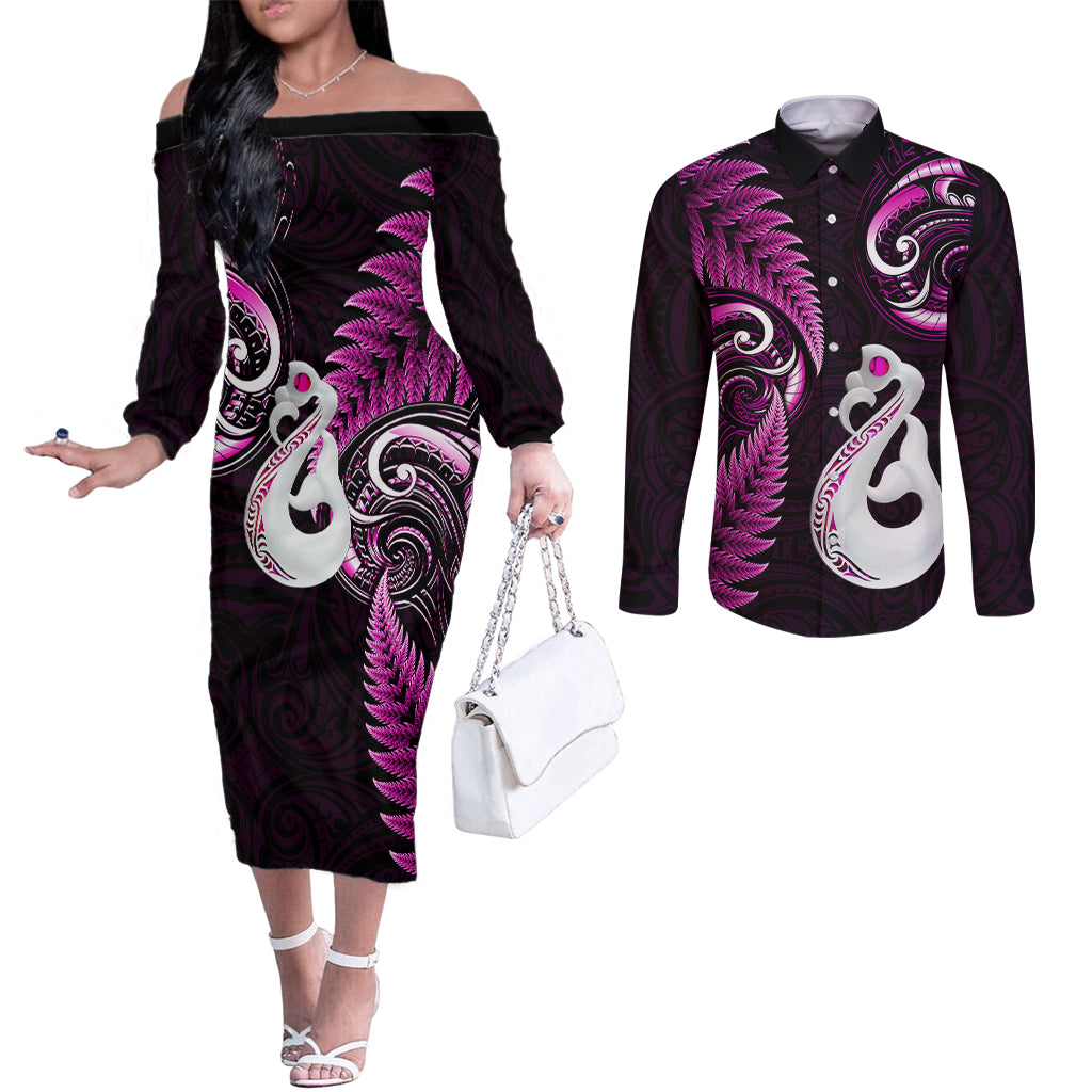 personalised-new-zealand-couples-off-the-shoulder-long-sleeve-dress-and-long-sleeve-button-shirts-aotearoa-silver-fern-with-manaia-maori-unique-pink