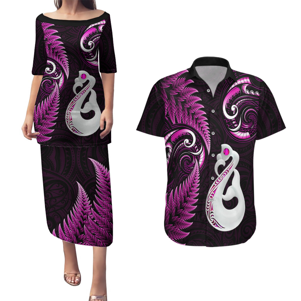 personalised-new-zealand-couples-puletasi-dress-and-hawaiian-shirt-aotearoa-silver-fern-with-manaia-maori-unique-pink