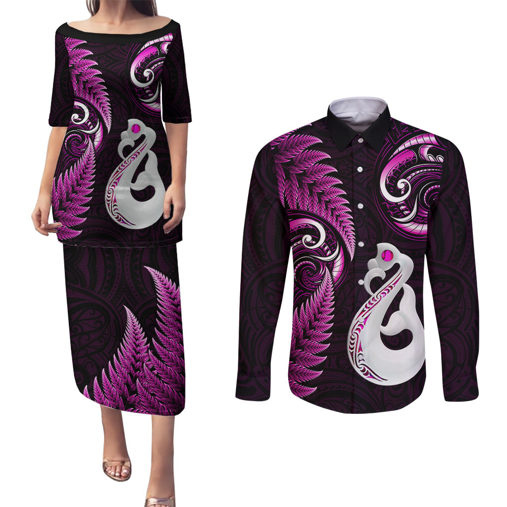 personalised-new-zealand-couples-puletasi-dress-and-long-sleeve-button-shirts-aotearoa-silver-fern-with-manaia-maori-unique-pink