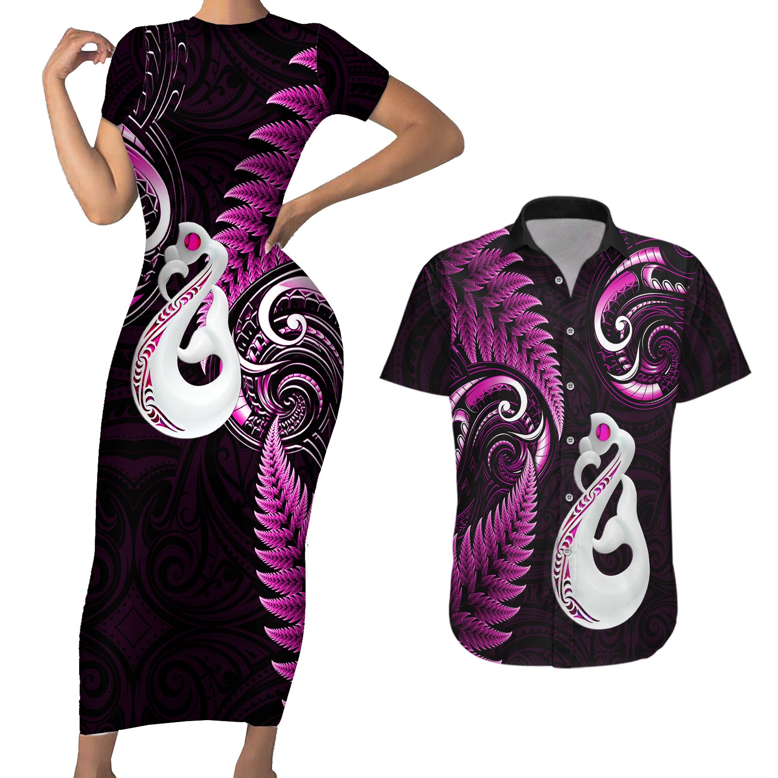 personalised-new-zealand-couples-short-sleeve-bodycon-dress-and-hawaiian-shirt-aotearoa-silver-fern-with-manaia-maori-unique-pink