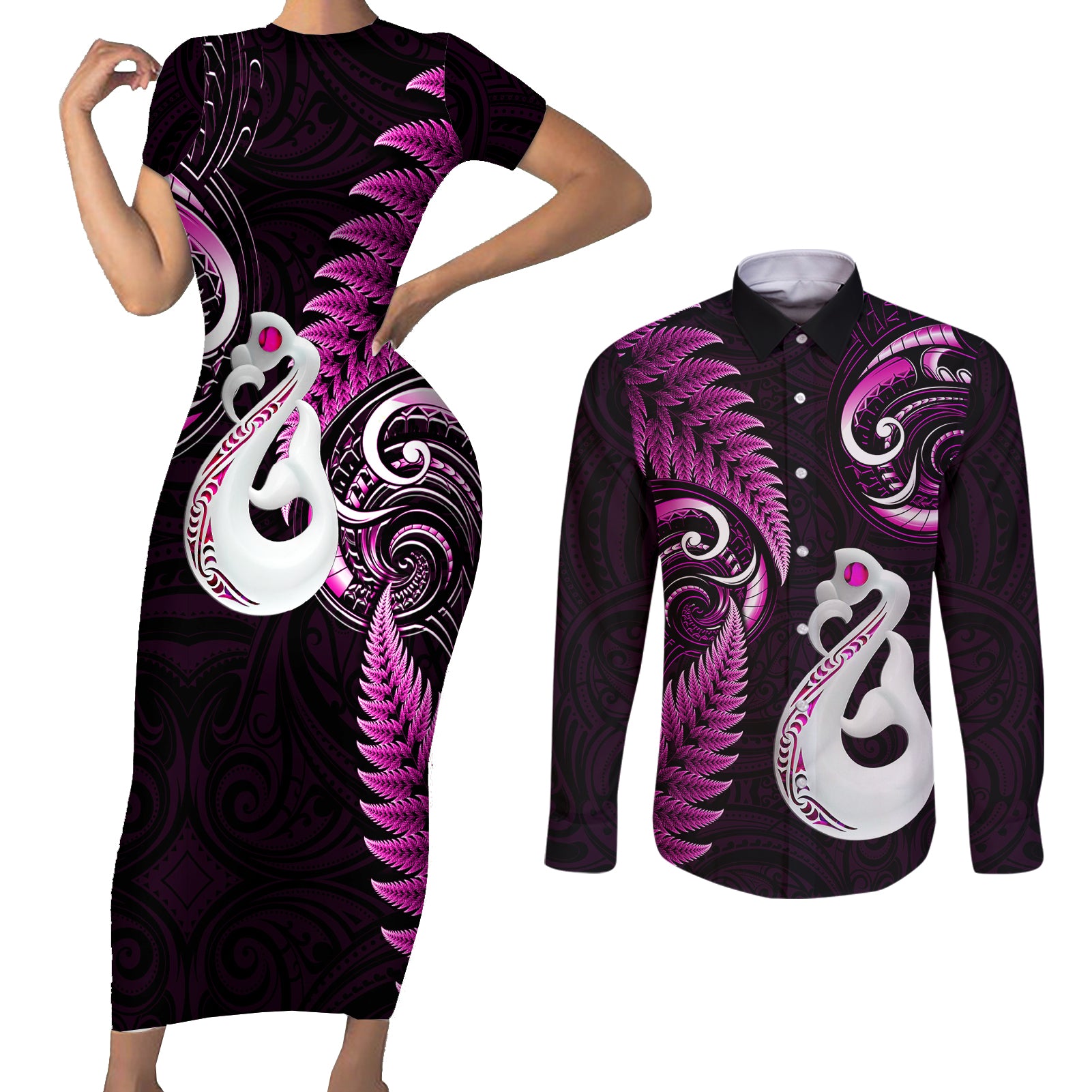 personalised-new-zealand-couples-short-sleeve-bodycon-dress-and-long-sleeve-button-shirts-aotearoa-silver-fern-with-manaia-maori-unique-pink