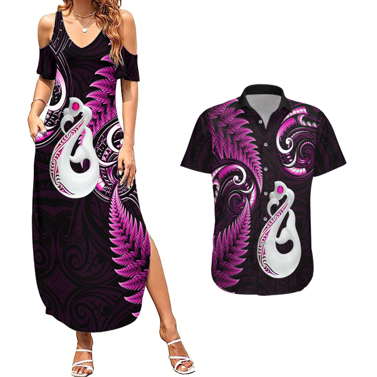 personalised-new-zealand-couples-summer-maxi-dress-and-hawaiian-shirt-aotearoa-silver-fern-with-manaia-maori-unique-pink