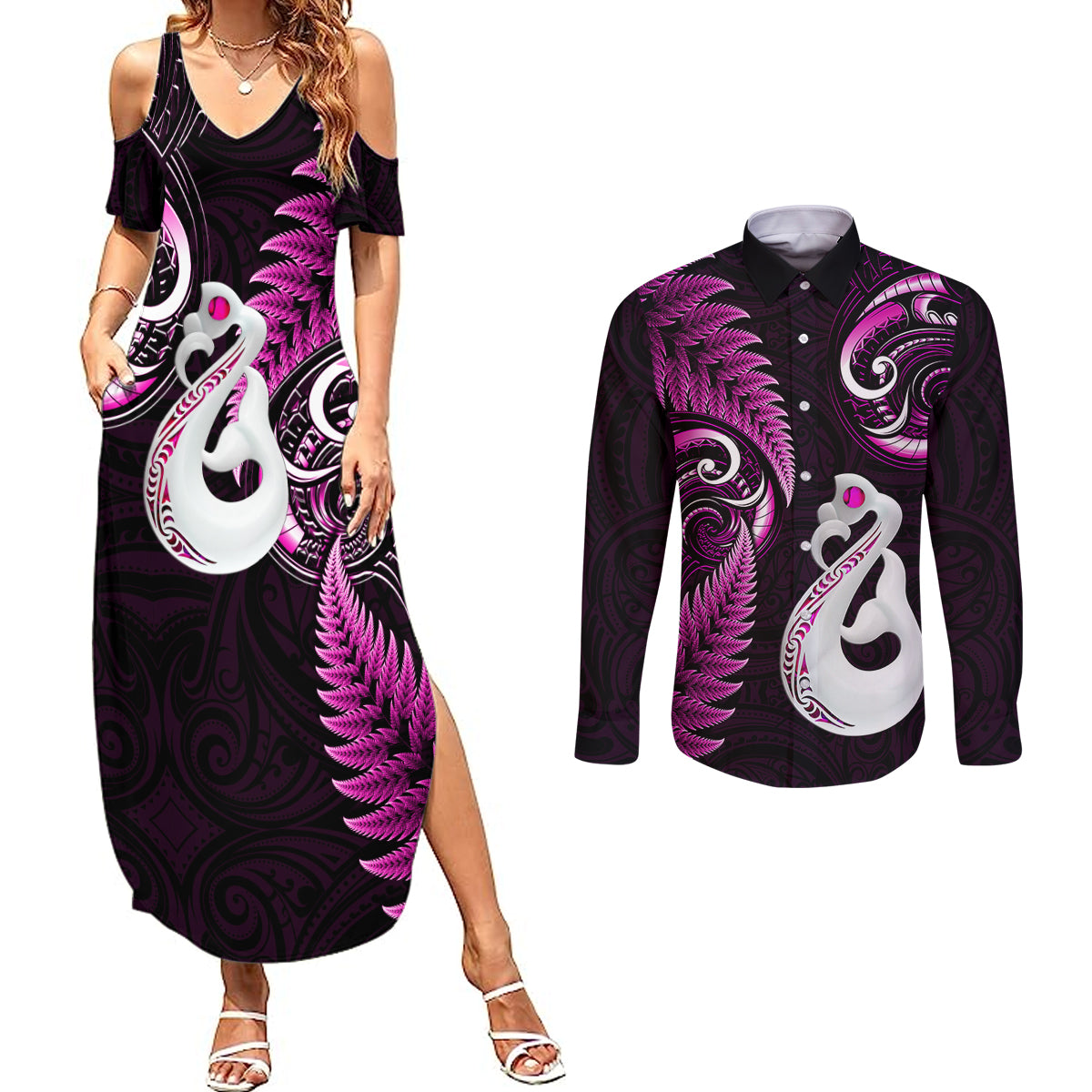 personalised-new-zealand-couples-summer-maxi-dress-and-long-sleeve-button-shirts-aotearoa-silver-fern-with-manaia-maori-unique-pink