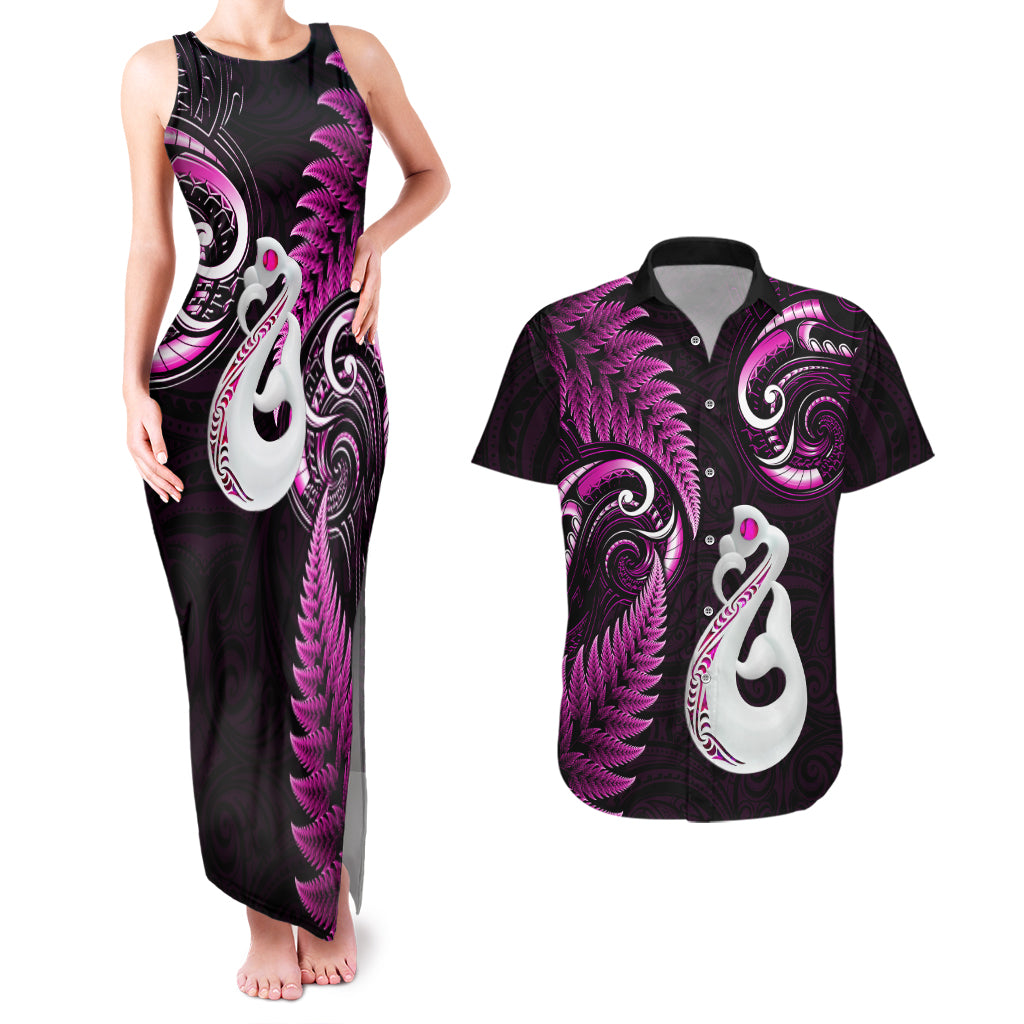 personalised-new-zealand-couples-matching-tank-maxi-dress-and-hawaiian-shirt-aotearoa-silver-fern-with-manaia-maori-unique-pink