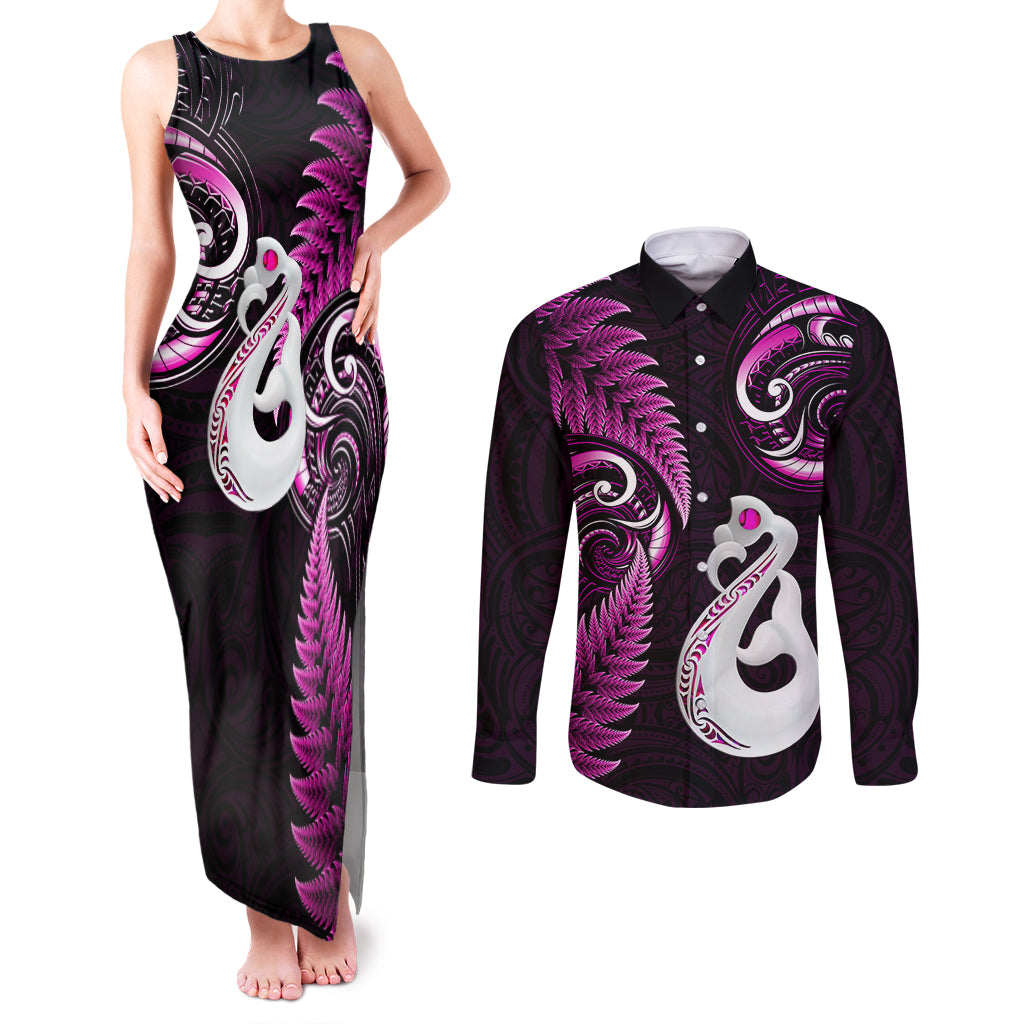 personalised-new-zealand-couples-matching-tank-maxi-dress-and-long-sleeve-button-shirts-aotearoa-silver-fern-with-manaia-maori-unique-pink