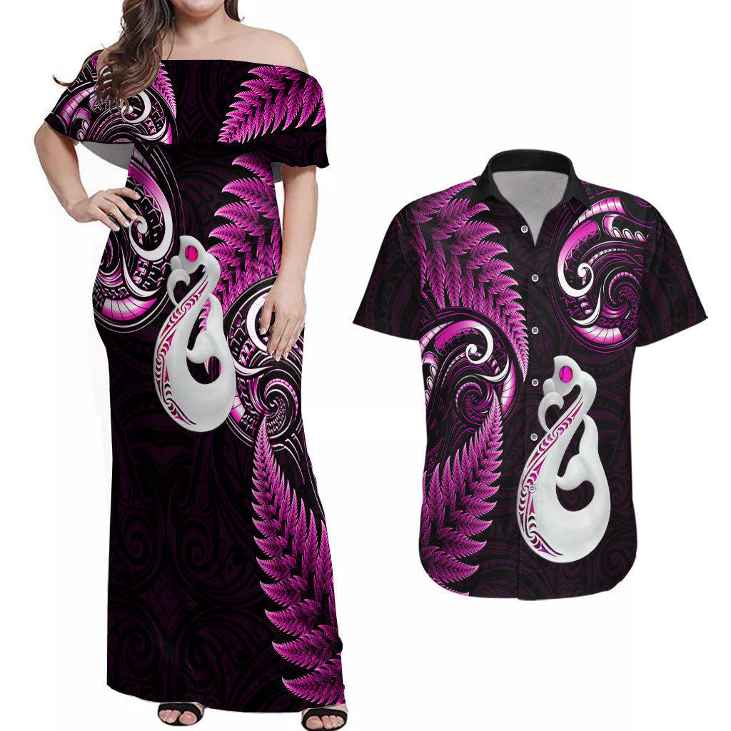 personalised-new-zealand-couples-off-shoulder-maxi-dress-and-hawaiian-shirt-aotearoa-silver-fern-with-manaia-maori-unique-pink