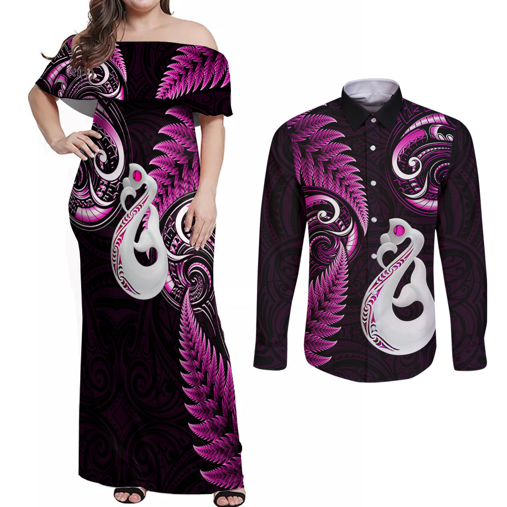 personalised-new-zealand-couples-off-shoulder-maxi-dress-and-long-sleeve-button-shirts-aotearoa-silver-fern-with-manaia-maori-unique-pink