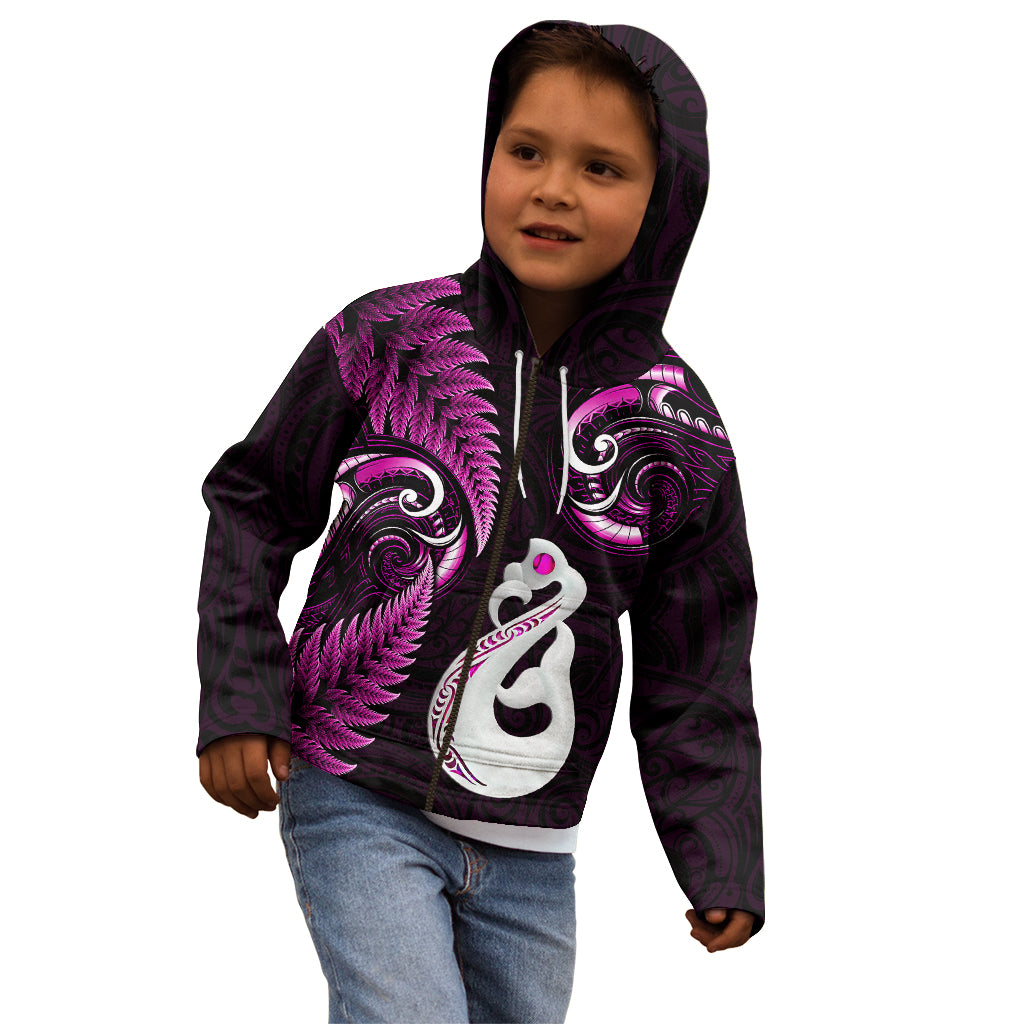 Personalised New Zealand Kid Hoodie Aotearoa Silver Fern With Manaia Maori Unique Pink - Vibe Hoodie Shop