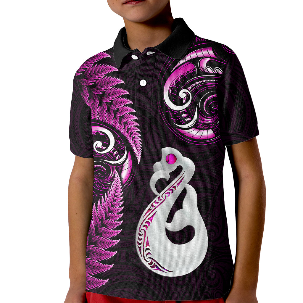 Personalised New Zealand Kid Polo Shirt Aotearoa Silver Fern With Manaia Maori Unique Pink - Vibe Hoodie Shop