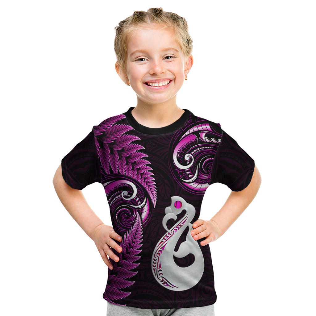 Personalised New Zealand Kid T Shirt Aotearoa Silver Fern With Manaia Maori Unique Pink - Vibe Hoodie Shop