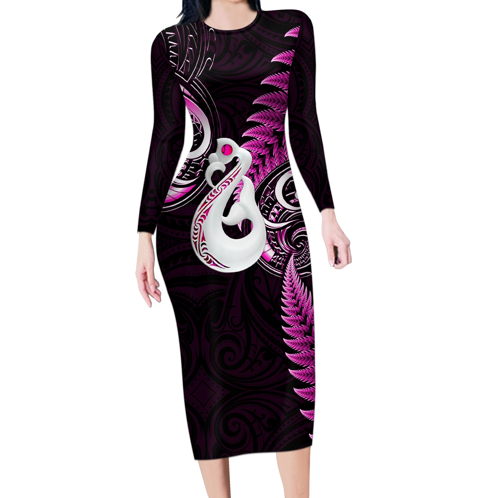 personalised-new-zealand-long-sleeve-bodycon-dress-aotearoa-silver-fern-with-manaia-maori-unique-pink