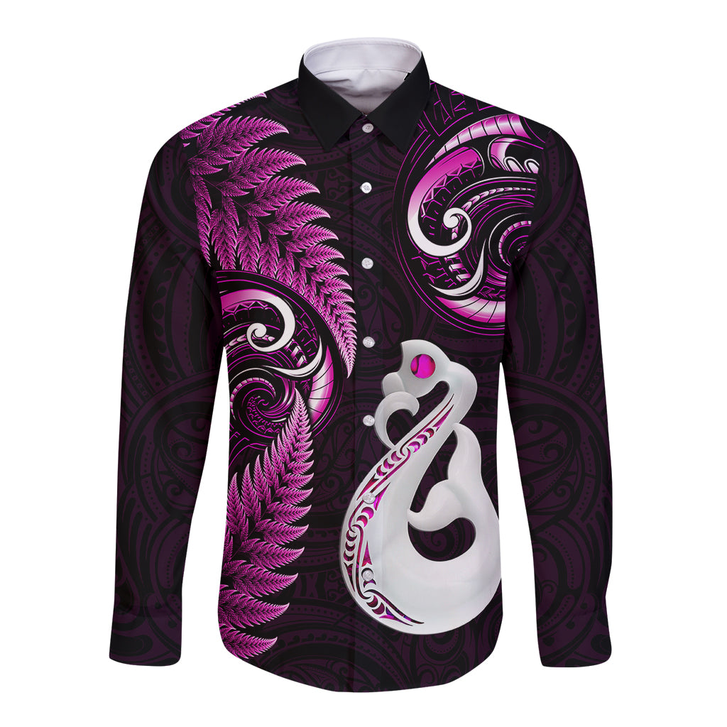 Personalised New Zealand Long Sleeve Button Shirt Aotearoa Silver Fern With Manaia Maori Unique Pink - Vibe Hoodie Shop