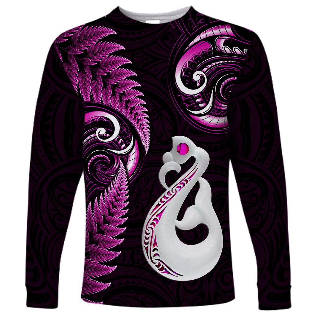 Personalised New Zealand Long Sleeve Shirt Aotearoa Silver Fern With Manaia Maori Unique Pink - Vibe Hoodie Shop