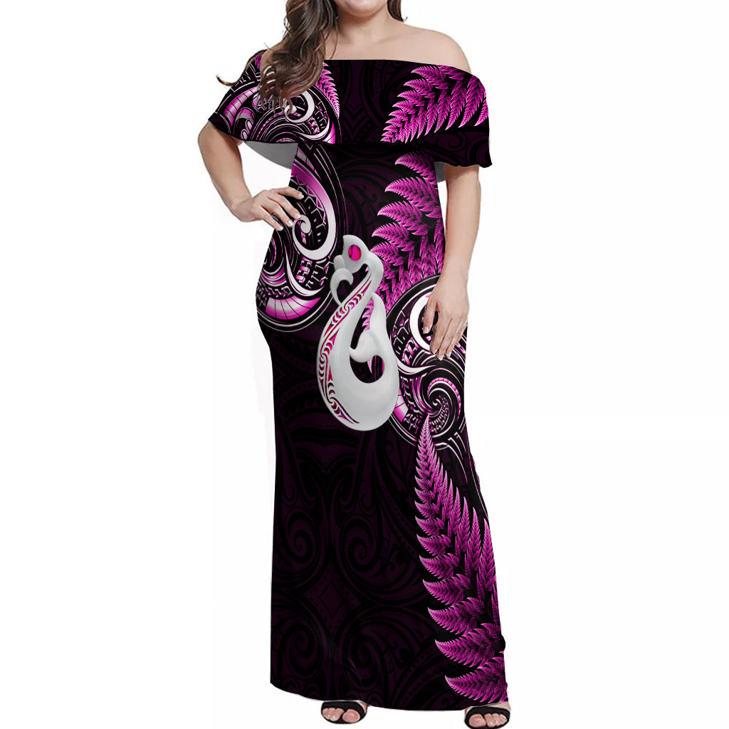 Personalised New Zealand Off Shoulder Maxi Dress Aotearoa Silver Fern With Manaia Maori Unique Pink - Vibe Hoodie Shop