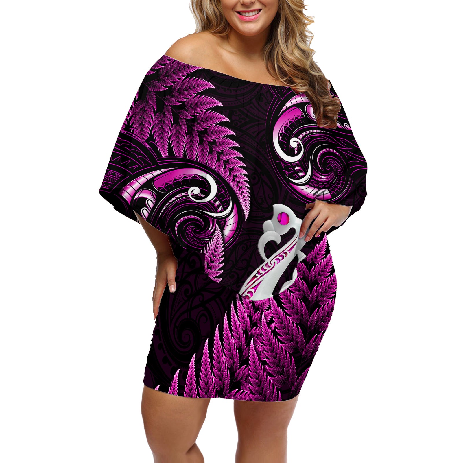 Personalised New Zealand Off Shoulder Short Dress Aotearoa Silver Fern With Manaia Maori Unique Pink LT14