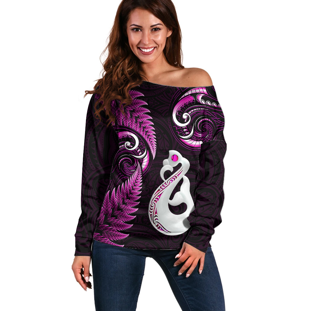 Personalised New Zealand Off Shoulder Sweater Aotearoa Silver Fern With Manaia Maori Unique Pink - Vibe Hoodie Shop