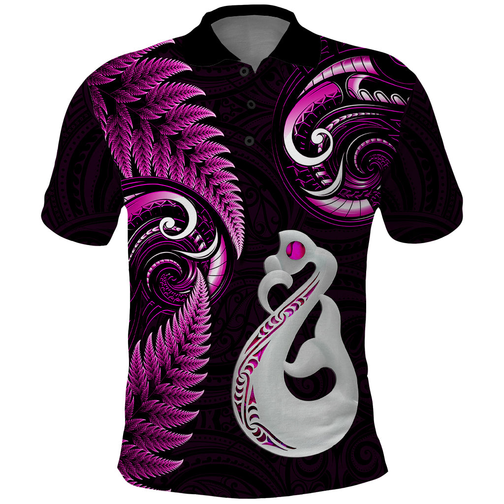 Personalised New Zealand Polo Shirt Aotearoa Silver Fern With Manaia Maori Unique Pink - Vibe Hoodie Shop