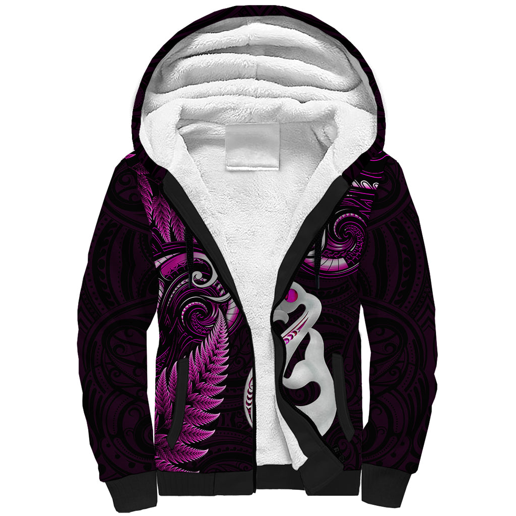 Personalised New Zealand Sherpa Hoodie Aotearoa Silver Fern With Manaia Maori Unique Pink - Vibe Hoodie Shop