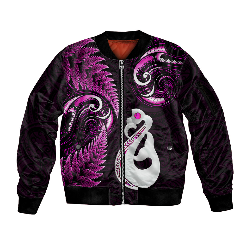 personalised-new-zealand-sleeve-zip-bomber-jacket-aotearoa-silver-fern-with-manaia-maori-unique-pink