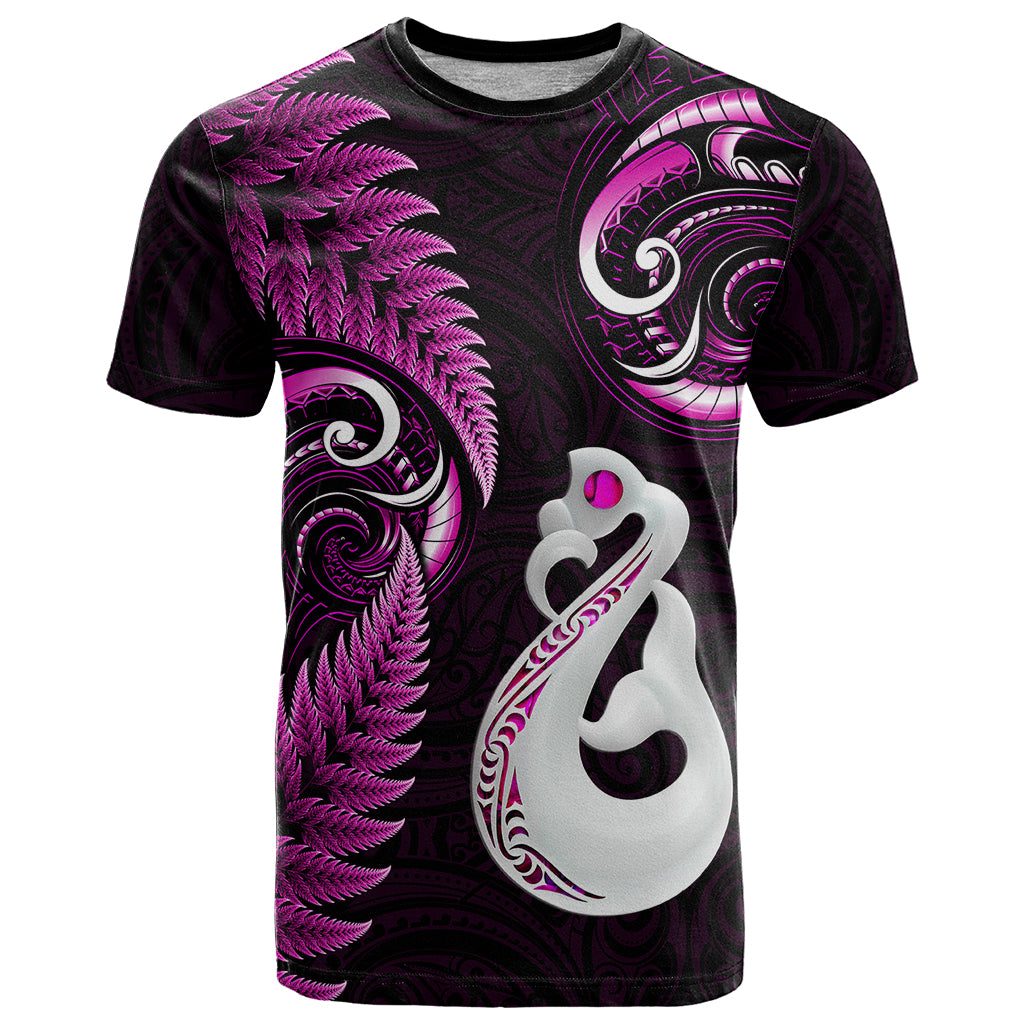 Personalised New Zealand T Shirt Aotearoa Silver Fern With Manaia Maori Unique Pink - Vibe Hoodie Shop