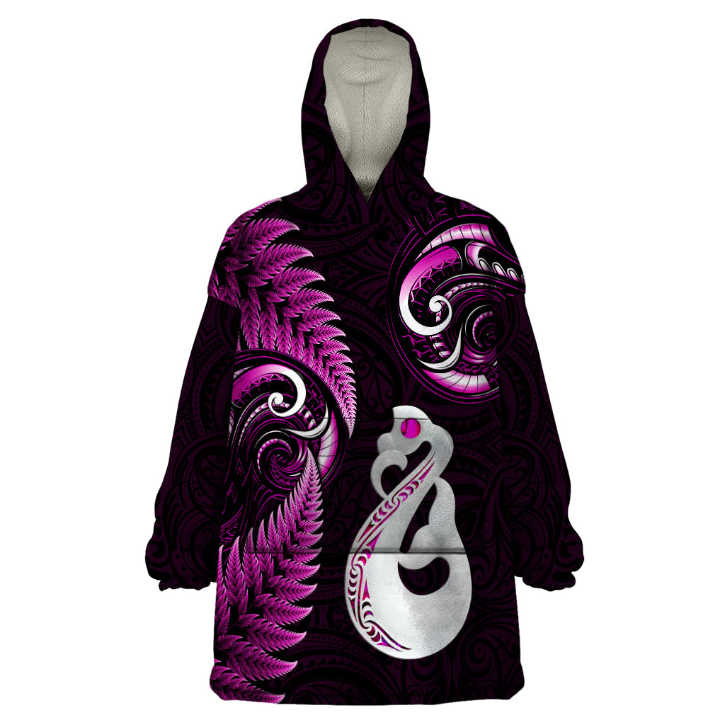 Personalised New Zealand Wearable Blanket Hoodie Aotearoa Silver Fern With Manaia Maori Unique Pink - Vibe Hoodie Shop