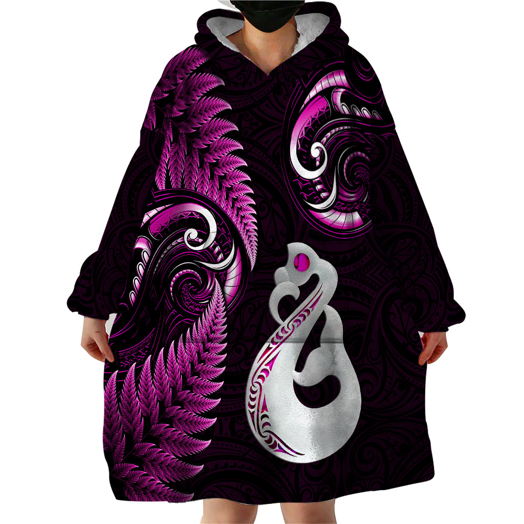 Personalised New Zealand Wearable Blanket Hoodie Aotearoa Silver Fern With Manaia Maori Unique Pink - Vibe Hoodie Shop