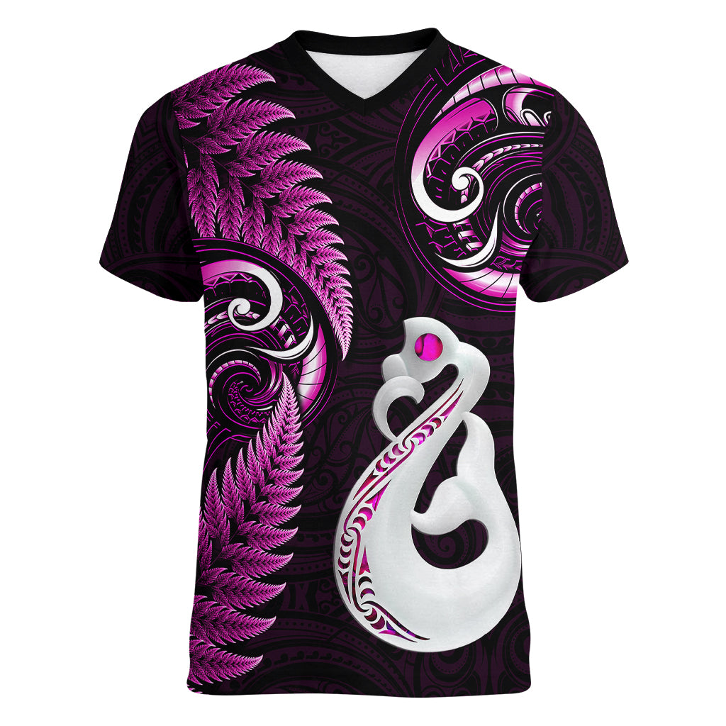 Personalised New Zealand Women V Neck T Shirt Aotearoa Silver Fern With Manaia Maori Unique Pink - Vibe Hoodie Shop