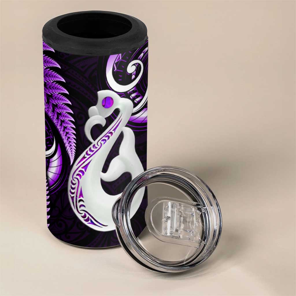 New Zealand 4 in 1 Can Cooler Tumbler Aotearoa Silver Fern With Manaia Maori Unique Purple