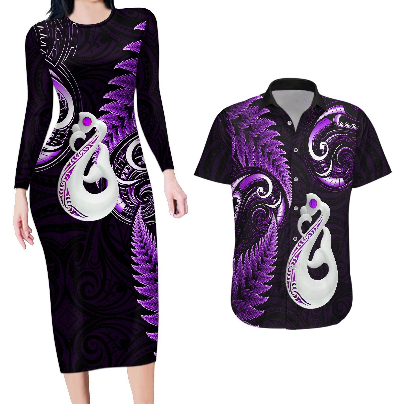 personalised-new-zealand-couples-long-sleeve-bodycon-dress-and-hawaiian-shirt-aotearoa-silver-fern-with-manaia-maori-unique-purple