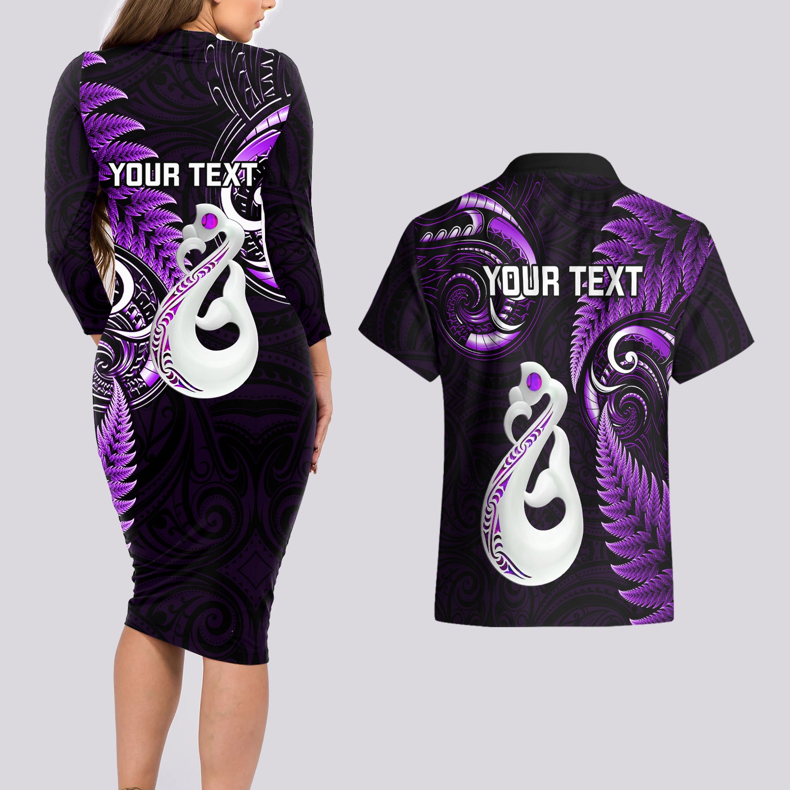 personalised-new-zealand-couples-long-sleeve-bodycon-dress-and-hawaiian-shirt-aotearoa-silver-fern-with-manaia-maori-unique-purple