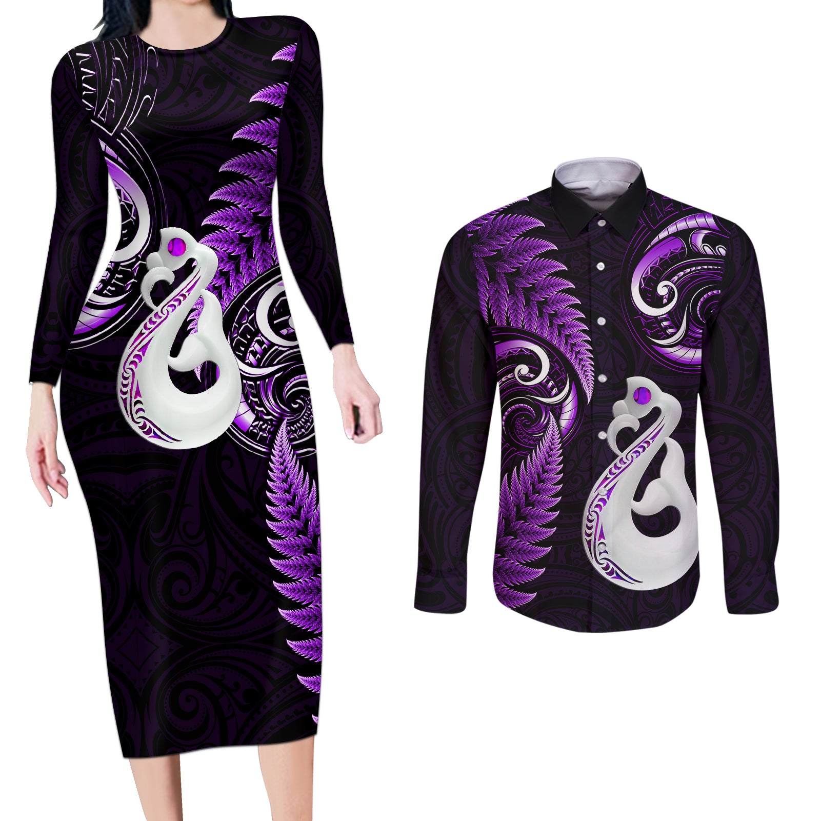 personalised-new-zealand-couples-long-sleeve-bodycon-dress-and-long-sleeve-button-shirts-aotearoa-silver-fern-with-manaia-maori-unique-purple