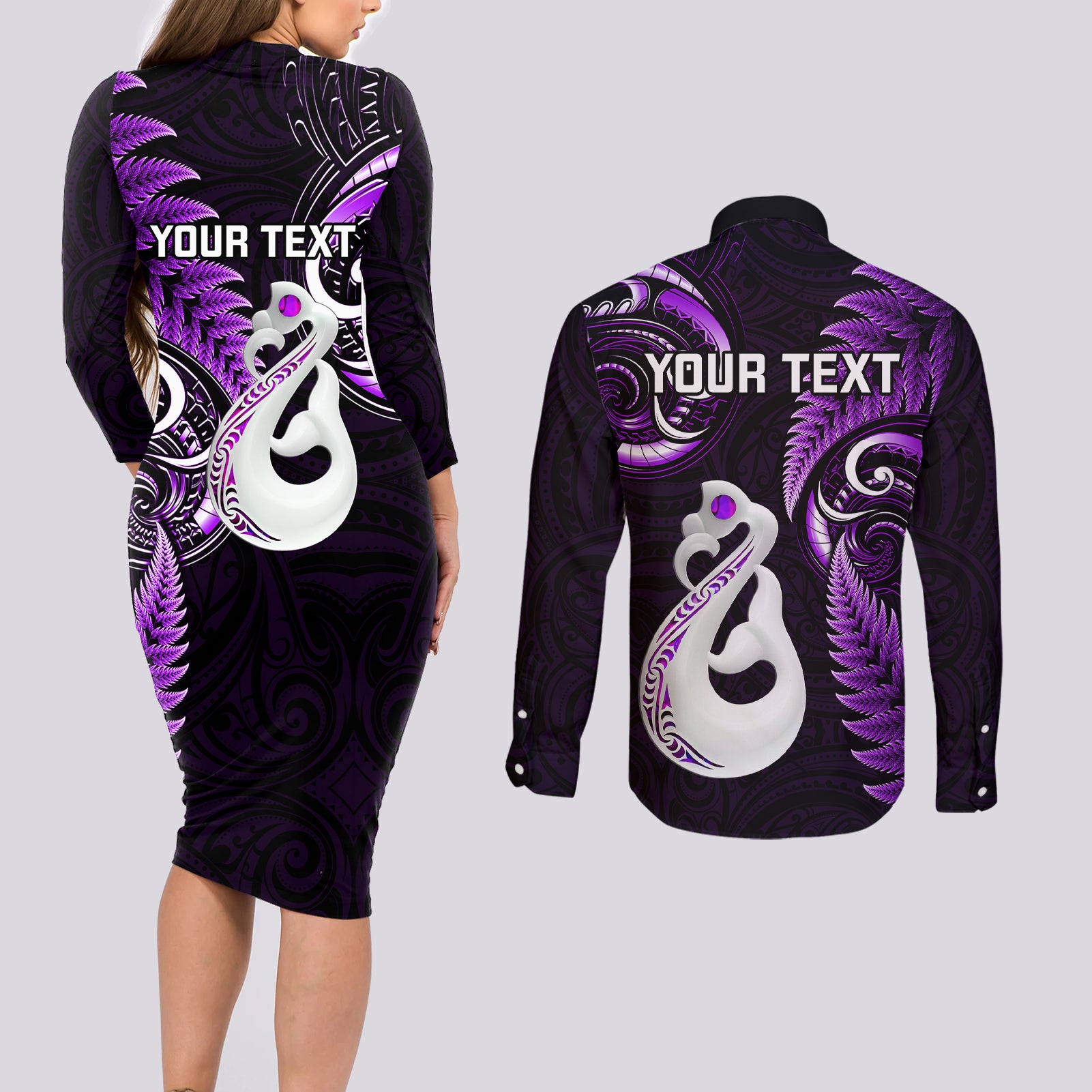 personalised-new-zealand-couples-long-sleeve-bodycon-dress-and-long-sleeve-button-shirts-aotearoa-silver-fern-with-manaia-maori-unique-purple