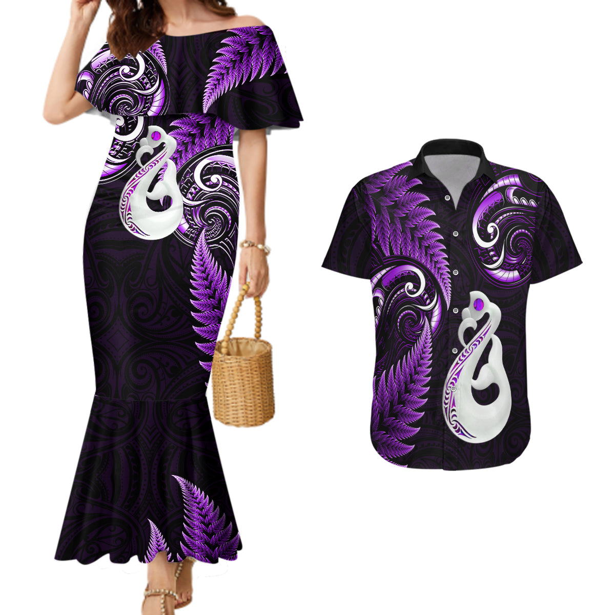 personalised-new-zealand-couples-mermaid-dress-and-hawaiian-shirt-aotearoa-silver-fern-with-manaia-maori-unique-purple