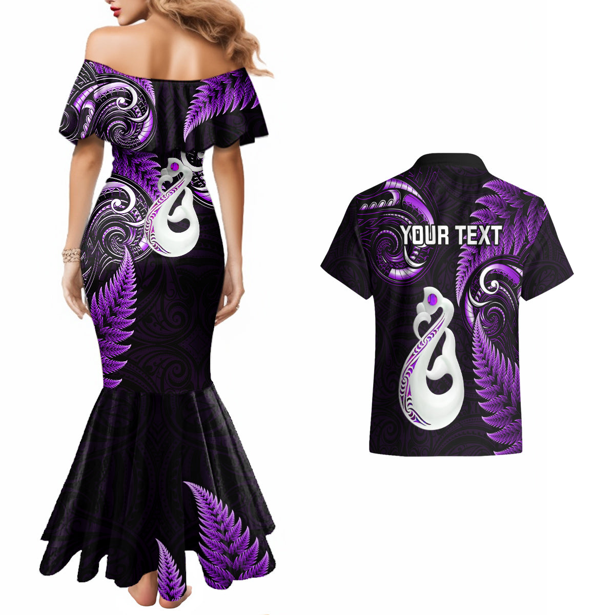 personalised-new-zealand-couples-mermaid-dress-and-hawaiian-shirt-aotearoa-silver-fern-with-manaia-maori-unique-purple