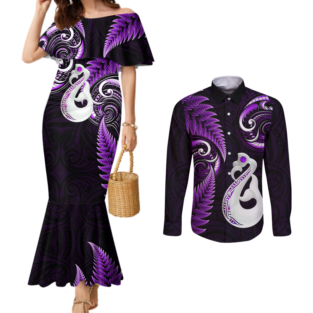 personalised-new-zealand-couples-mermaid-dress-and-long-sleeve-button-shirts-aotearoa-silver-fern-with-manaia-maori-unique-purple